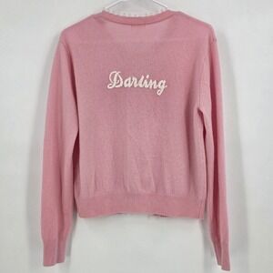 MINNIE ROSE CASHMERE PEARL DARLING CARDIGAN WOMENS SMALL PINK WHITE STITCH SOFT